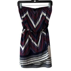 Express Chevron Design Strapless Faux Wrap Mini Dress Navy Red Multi Size XS